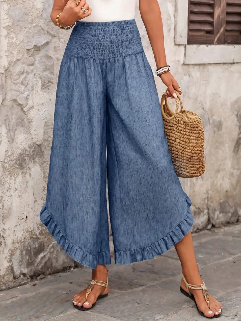 Blue Casual Women's Ruffled Hem Pants